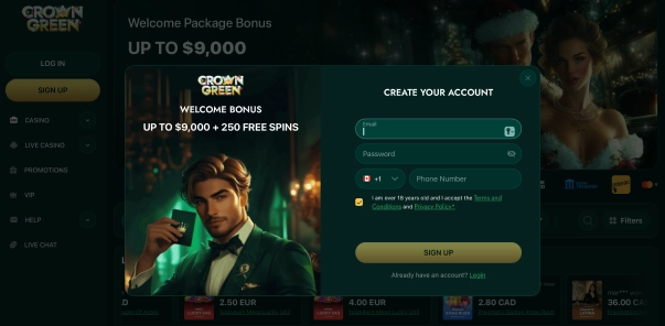 Crowngreen casino create account promotional banner