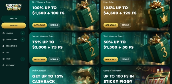 Crowngreen casino bonus offers banner with green money stacks